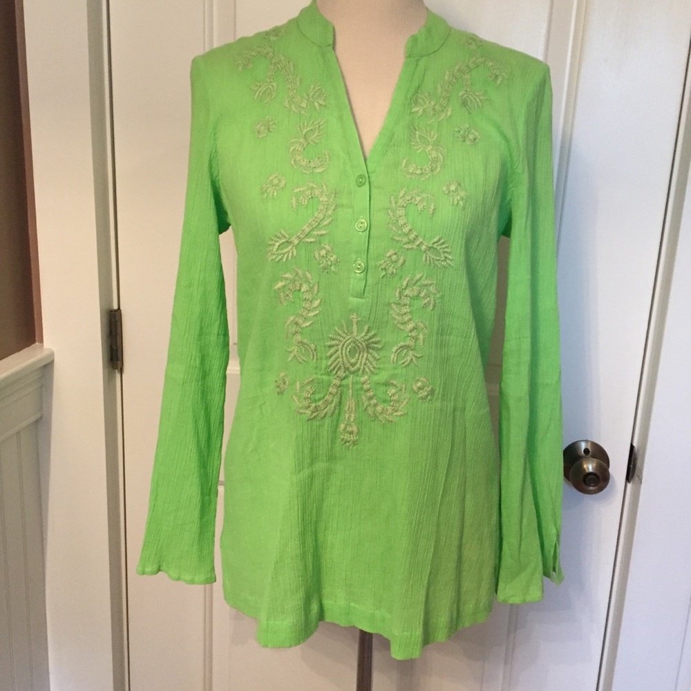 LILLY PULITZER TOP TUNIC GREEN GAUZE FLORAL EMBROIDERY Size S